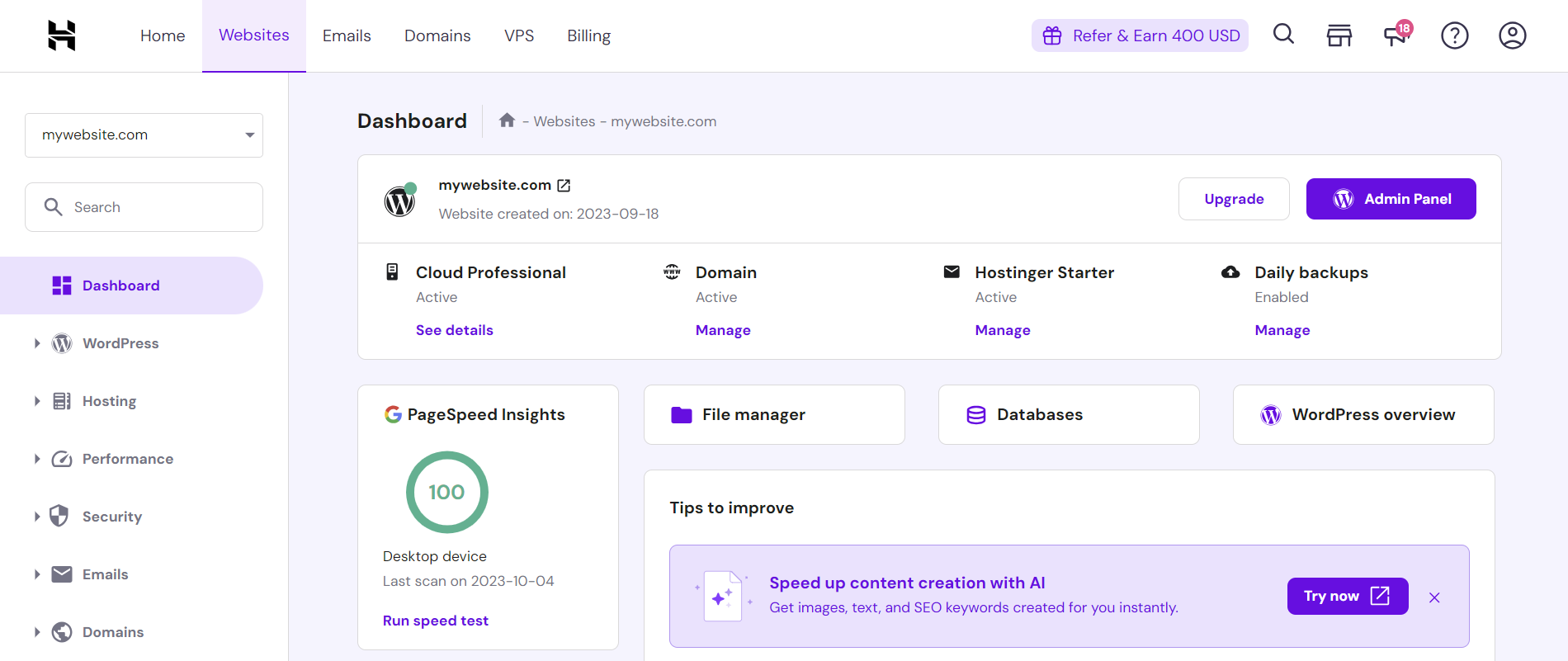 Hostinger hPanel Dashboard Interface
